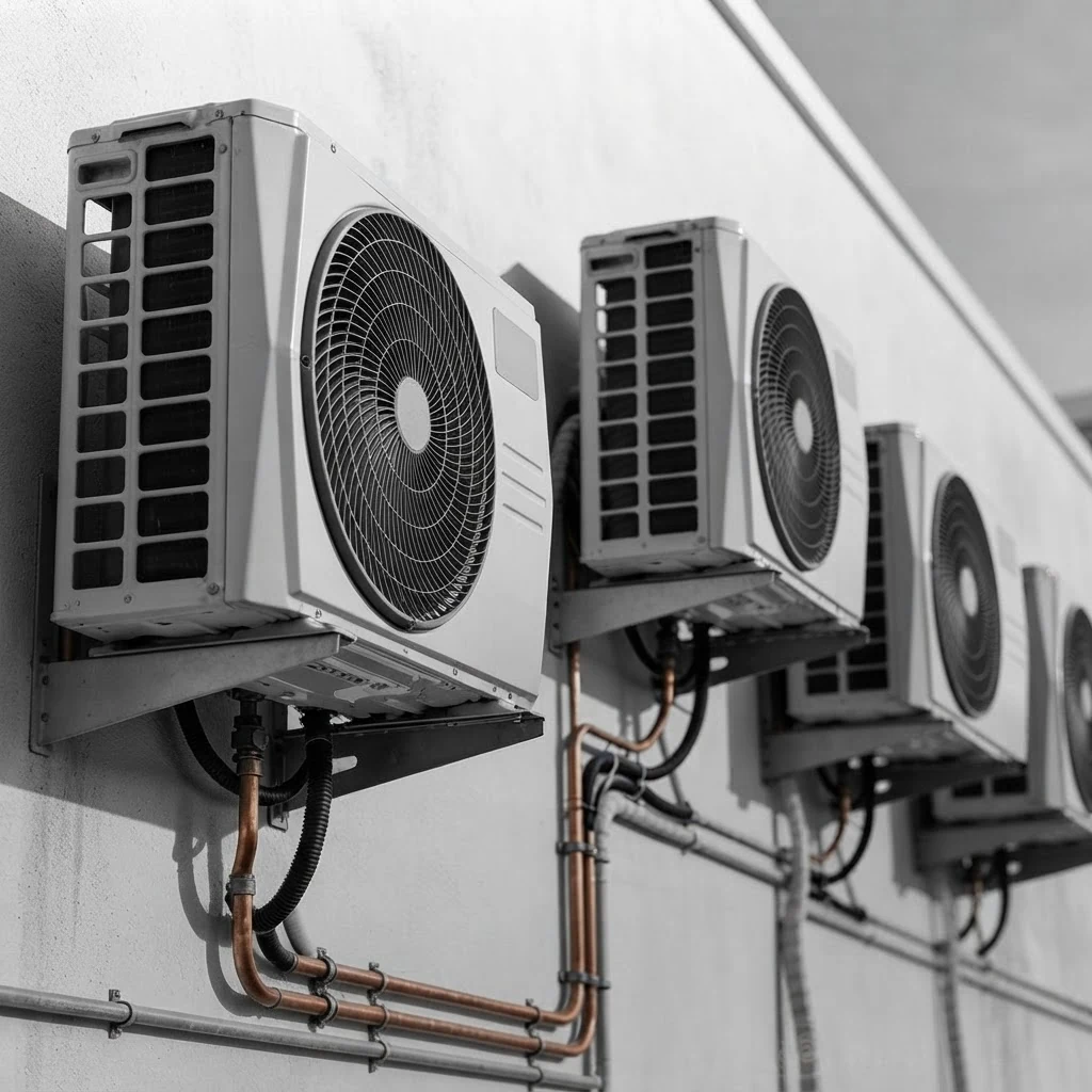 ChillMax outdoor AC condenser units mounted on an exterior wall